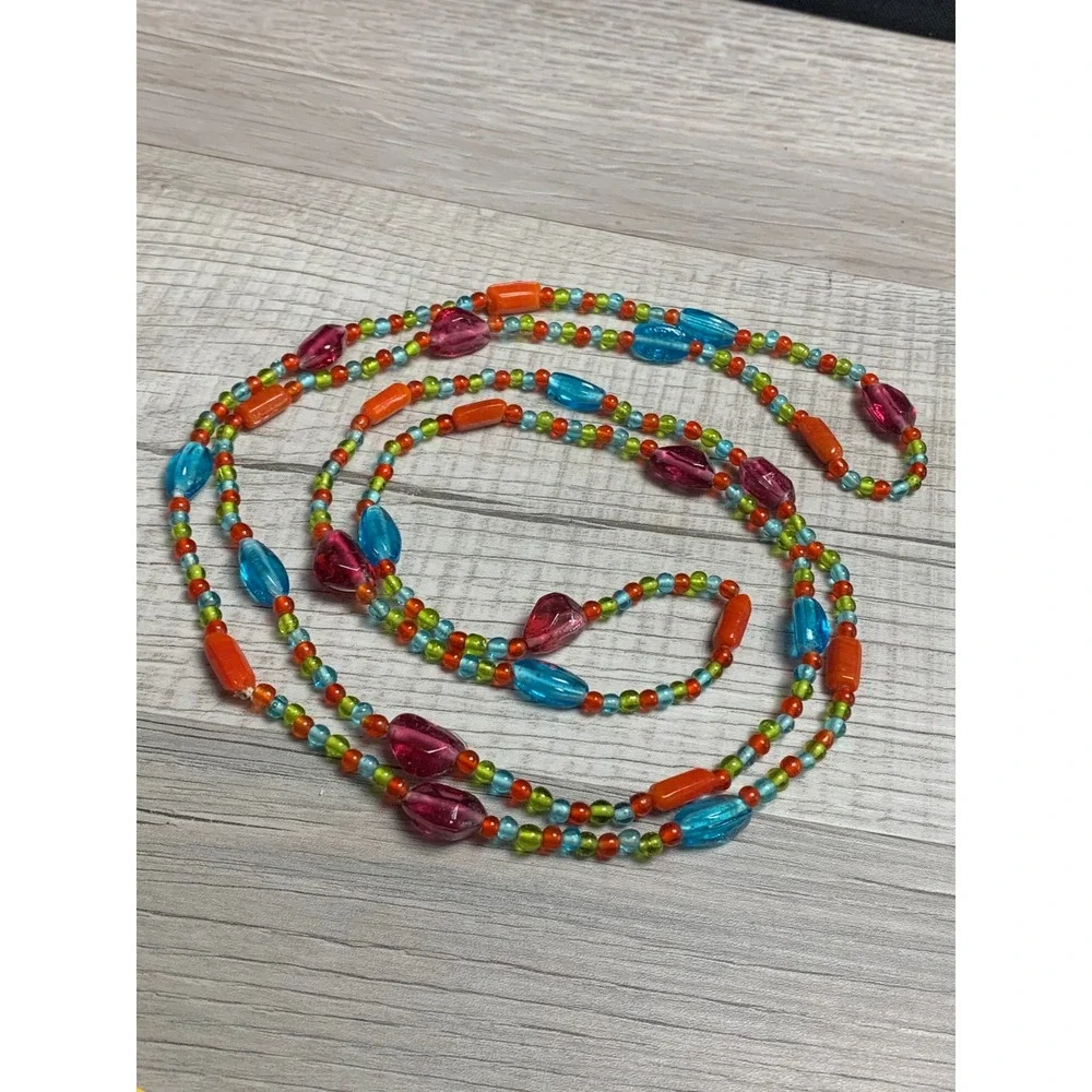 Vintage Colorful Multi Strand Glass Bead Long Necklace 56 Inch Boho 3455